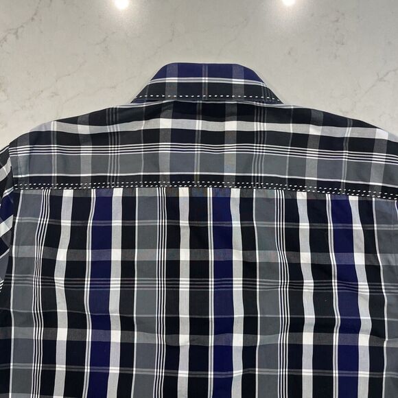 Zagiri Mens L Purple Black Plaid Button Up Flip Cuffs Embroidered Stich Shirt - Picture 8 of 11